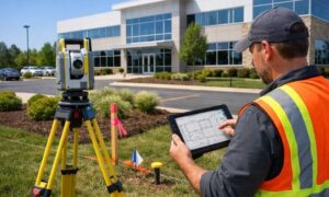 Licensed land surveyor conducting an ALTA survey on a commercial property before a title insurance review and commercial real estate closing