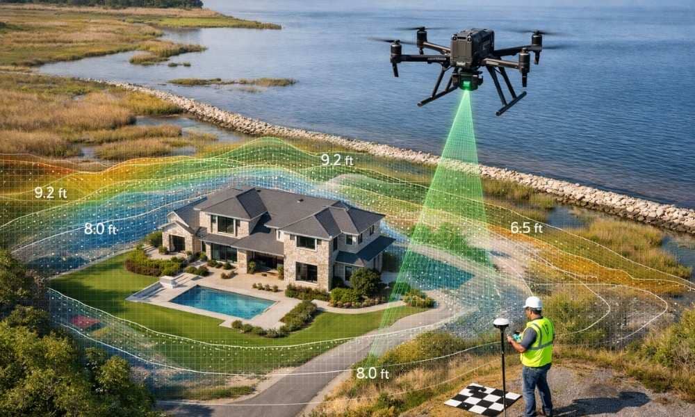 Drone mapping a coastal property with LiDAR elevation data to support a FEMA Elevation Certificate