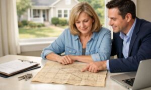 Home seller reviewing an old land survey before selling a home