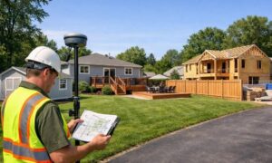 Land surveyor inspecting a residential property for a new land survey after home improvements and neighboring construction