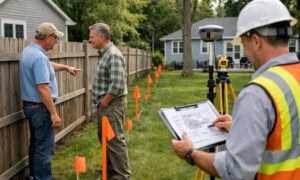 Neighbors discussing a property line while a land surveyor marks the boundary with survey stakes