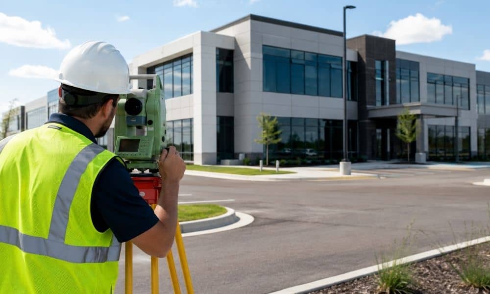 Land surveyor performing an ALTA survey at a commercial property in Connecticut
