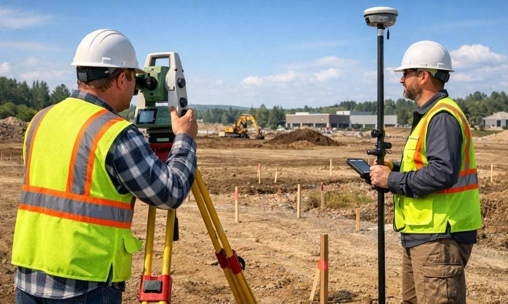 Land survey crew using GPS and total station equipment on a development site