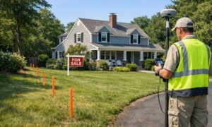 Front view of a blue two-story house with a 'For Sale' sign; a surveyor in a neon vest uses equipment on the lawn with orange boundary markers nearby.