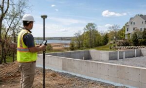A surveyor measures the elevation of a new home foundation near Connecticut wetlands for an elevation certificate