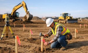 Surveyor placing construction staking markers on a job site with an excavator and bulldozer operating nearby