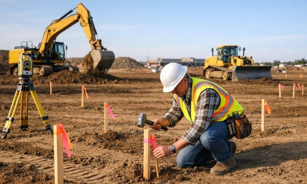 Surveyor placing construction staking markers on a job site with an excavator and bulldozer operating nearby