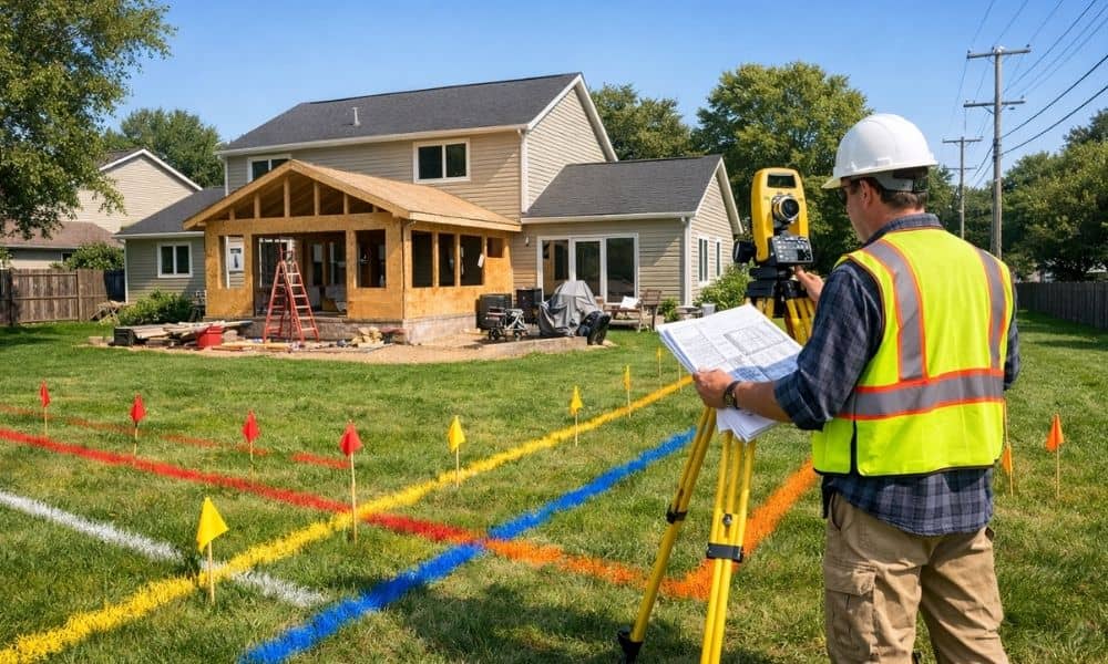 A surveyor checks utility markings before a homeowner builds a new home addition