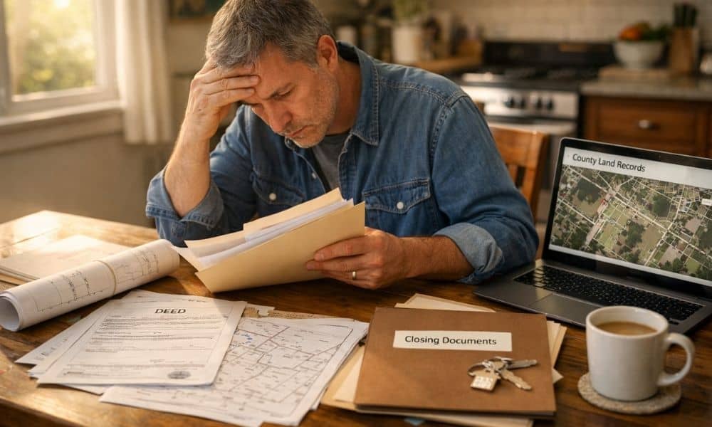 Homeowner searching through property documents to locate missing property survey records