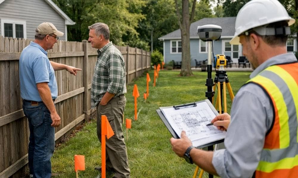 Neighbor property line dispute boundary survey 1 - ALTA SURVEY Connecticut Neighbors discussing a property line while a land surveyor marks the boundary with survey stakes