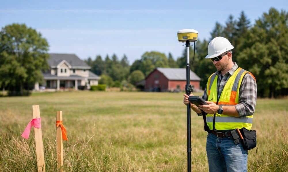 Subdivision survey before splitting your property - ALTA SURVEY Connecticut A land surveyor conducts a subdivision survey on a residential property using GPS equipment and survey stakes