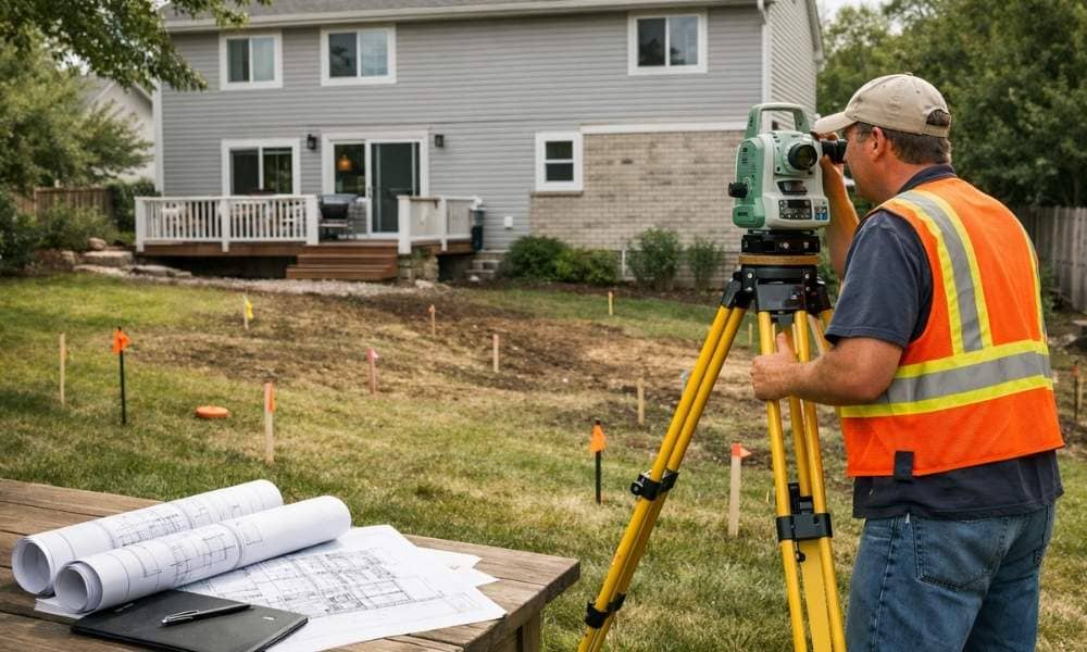 Topographic survey before home addition - ALTA SURVEY Connecticut Surveyor performing a topographic survey before a home addition to measure property elevations, grading, and drainage conditions