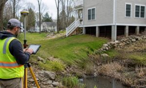 Surveyor reviewing elevation certificate details at a raised home in Connecticut