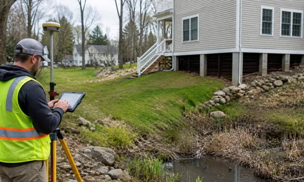 Surveyor reviewing elevation certificate details at a raised home in Connecticut