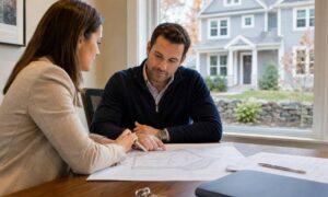 Homebuyer reviewing a mortgage survey during the home closing process in Connecticut