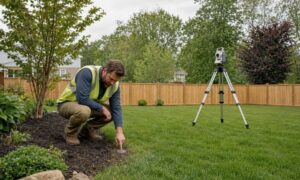 Land surveyor locating property line markers before planning a residential fence in Connecticut