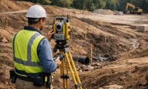 Surveyor conducting a topo survey with a total station at a Connecticut construction site