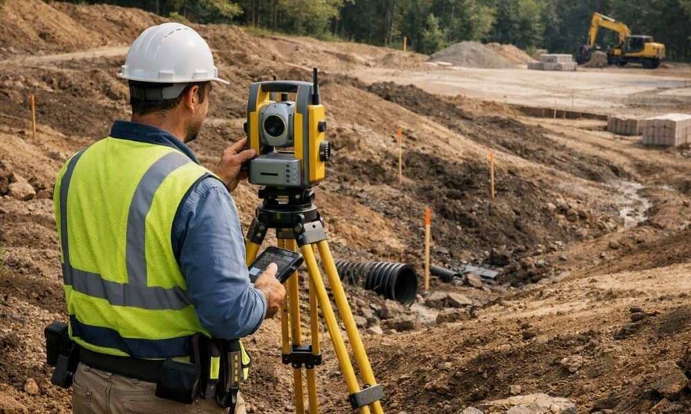 Topo survey construction site connecticut - ALTA SURVEY Connecticut Surveyor conducting a topo survey with a total station at a Connecticut construction site