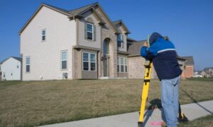Loan closing survey private utilities - ALTA SURVEY Connecticut Surveyor measuring a residential property during a loan closing survey